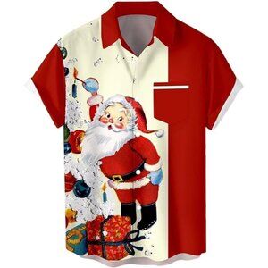 Mens Christmas Short Sleeve Button Down Funny Cream Santa Claus Hawaiian Shirt